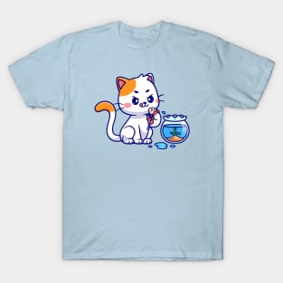 Cute Cat Holding Fish Cartoon T-Shirt